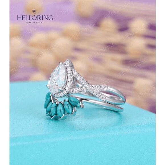 DIAMOND PEAR MOISSANITE TWISTED  WEDDING ENGAGEMENT RING/GUARD - Picture 2 of 5